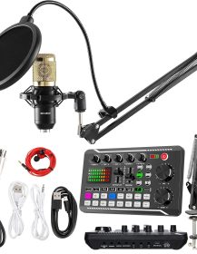 SINWE Podcast Microphone Bundle, BM-800 Condenser Mic with Live Sound Card Kit, Podcast Equipment Bundle with Voice Changer and Mixer Functions for PC Smartphone Studio Recording & Broadcasting